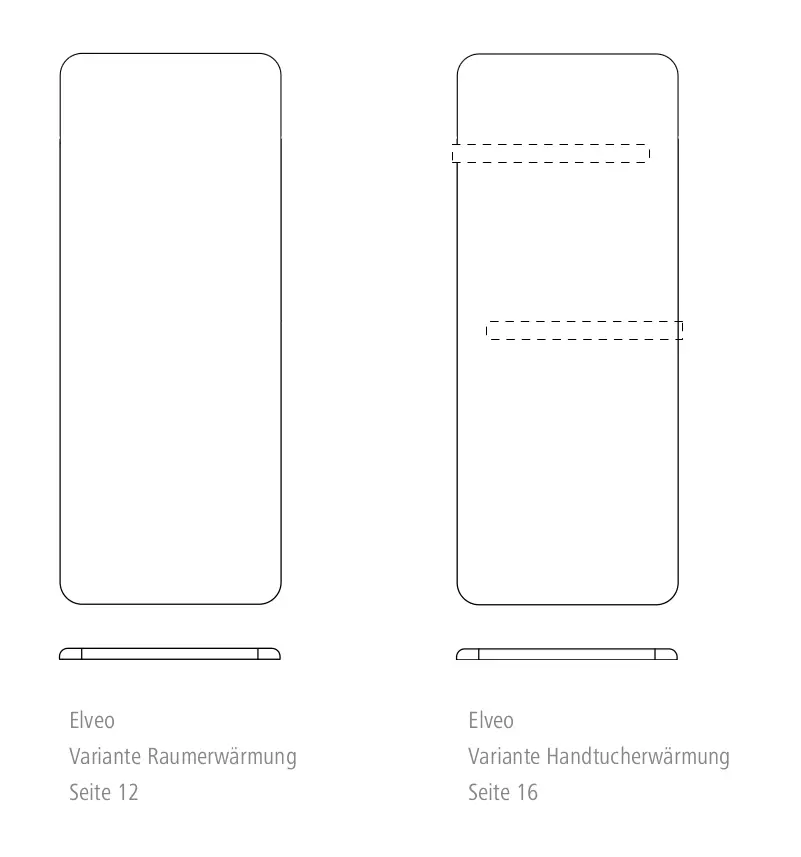 Zwei schematische Darstellungen eines Kermi-Heizkörpers. Links für Raumwärmung, rechts für Handtuchwärmung. Beide sind vertikal und in einfacher Linienführung.