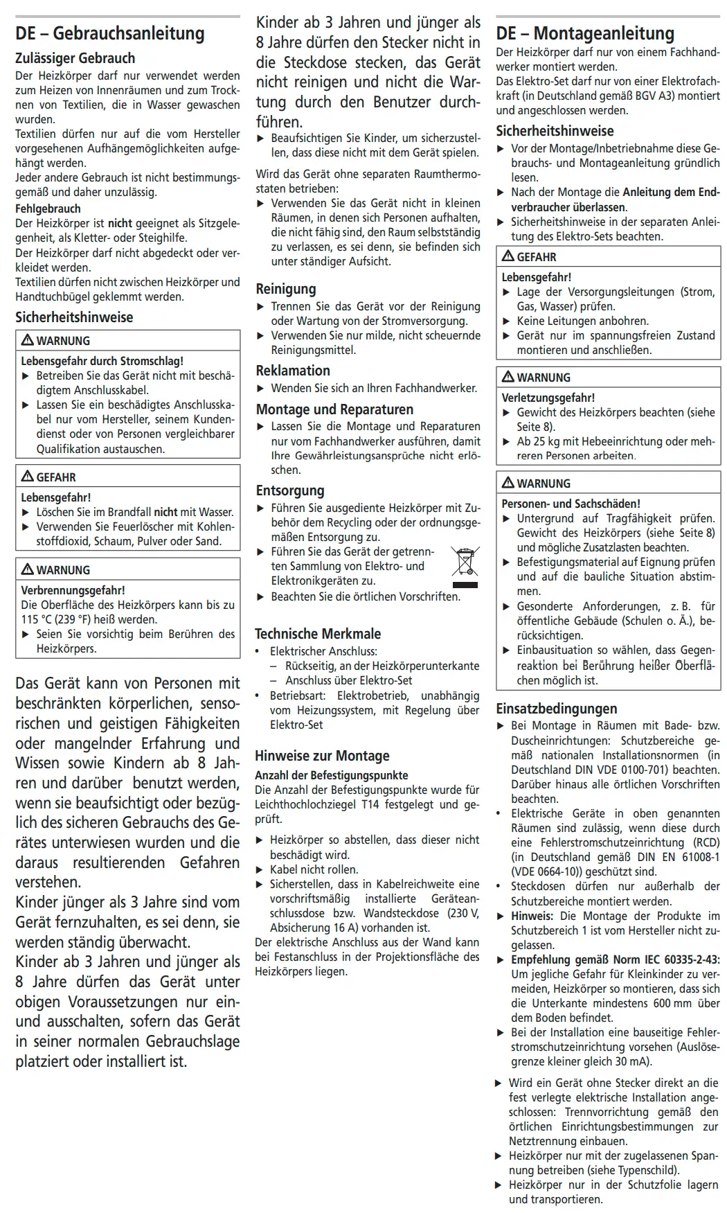 Kermi-Heizkörper, vertikal montiert, mit Handtuchwärmfunktion, Installationshinweise und Sicherheitsinformationen. Zeichnungen zur Montage sind sichtbar.