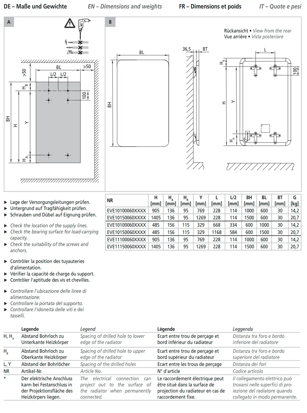 Kermi-Heizkörper mit Abmessungen, technische Informationen und Zeichnungen zur Installation, Montage und Handtuchwärmfunktion in verschiedenen Sprachen dargestellt.