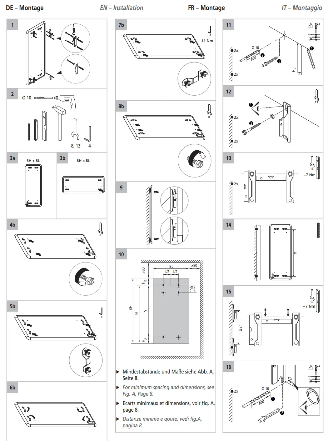 Montageanleitung für Kermi-Heizkörper mit schematischen Zeichnungen und Illustrationen zur Installation und Befestigung an der Wand.