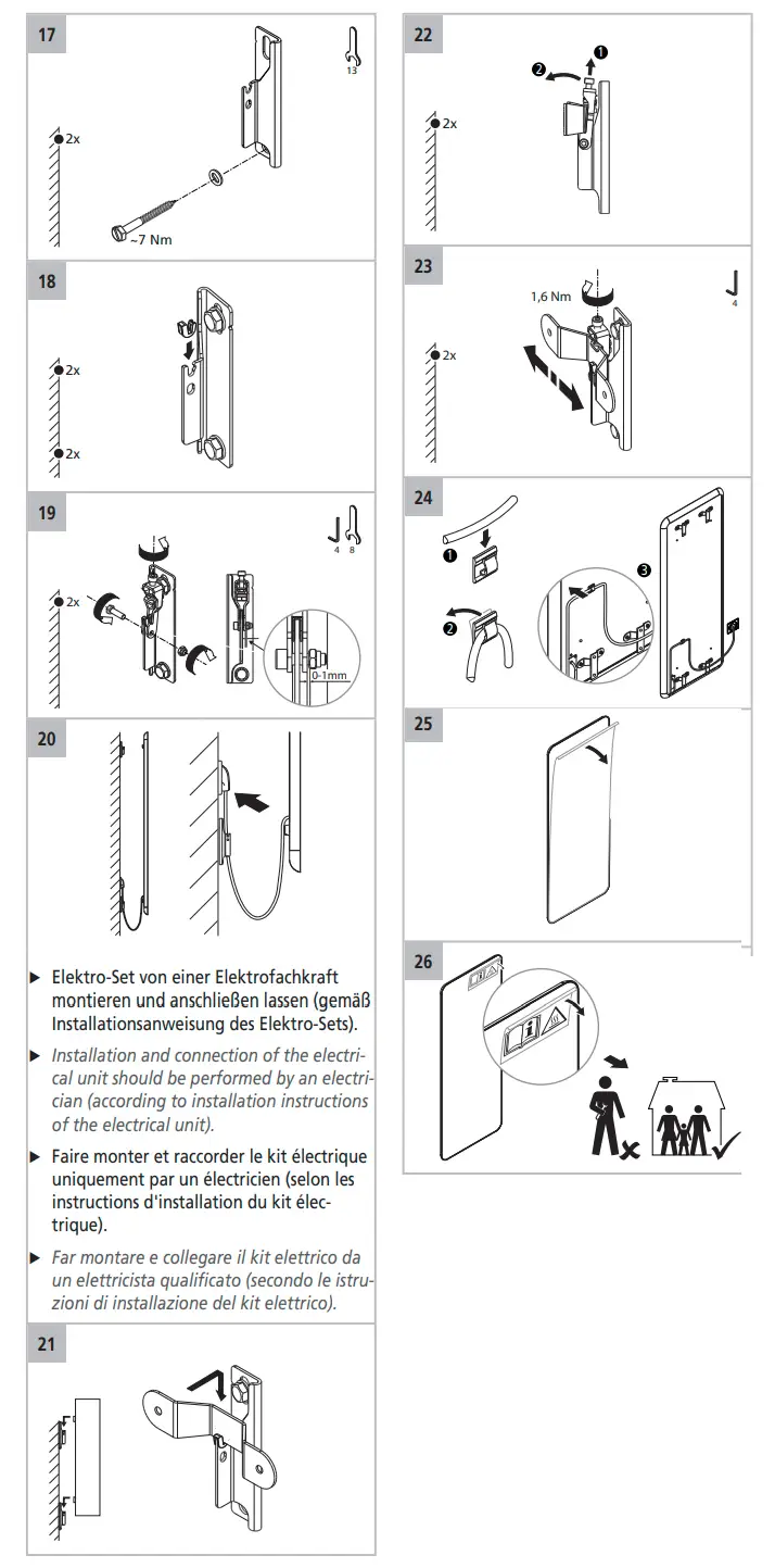Montageanleitung für einen Kermi-Heizkörper mit Handtuchwärmfunktion. Schritte zur Installation und Verbindung des elektrischen Sets, sowie Sicherheitshinweise.