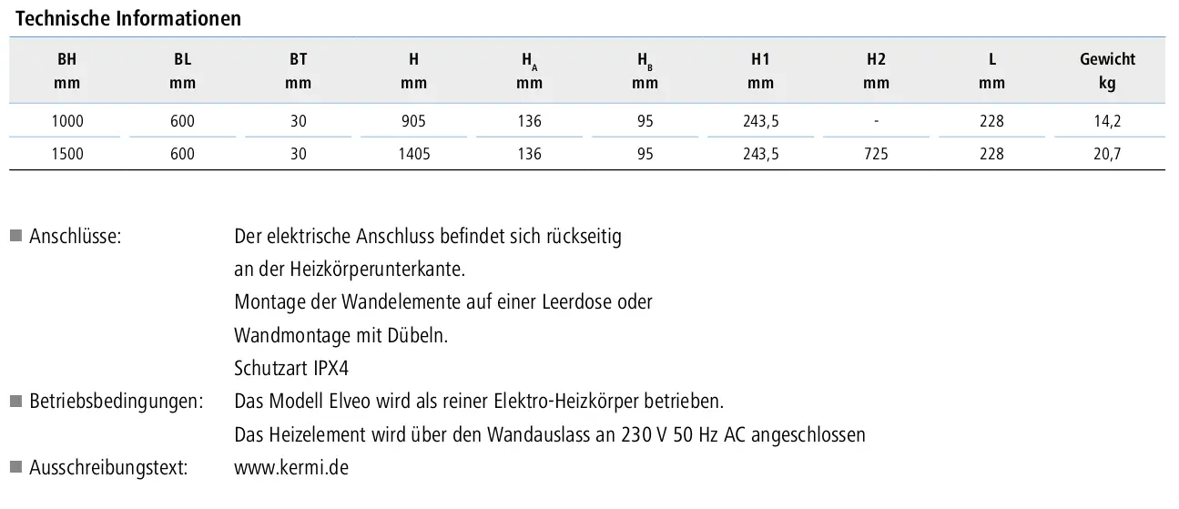 Kermi-Heizkörper, elektrisch betrieben, mit Anschluss an der Heizkörperrückseite, geeignet für Wandmontage, Schutzart IPX4, mit Handtuchwärmfunktion.