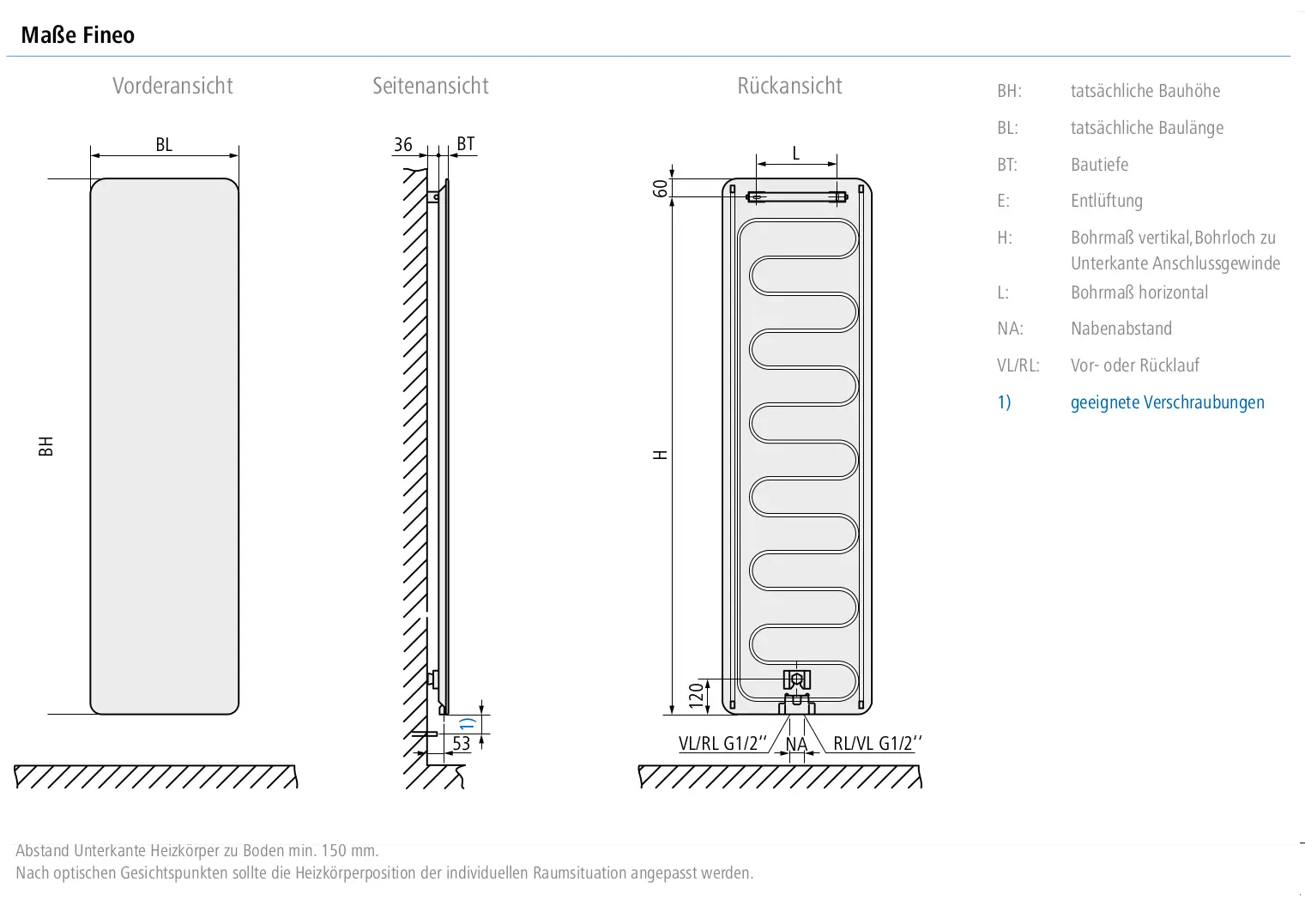 Kermi-Heizkörper im Plan-Design, vertikal montiert, mit einer glatten Oberfläche und standardisierten Anschlussbohrungen, abgebildet in Front- und Seitenansicht.