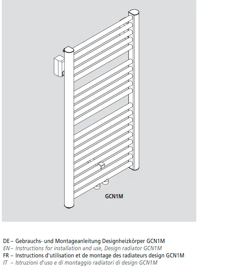 Vertikaler Kermi-Heizkörper mit mehreren horizontalen Rohren, montiert an einer Wand. Simplistisches Design, geeignet für Badezimmer oder moderne Wohnräume.