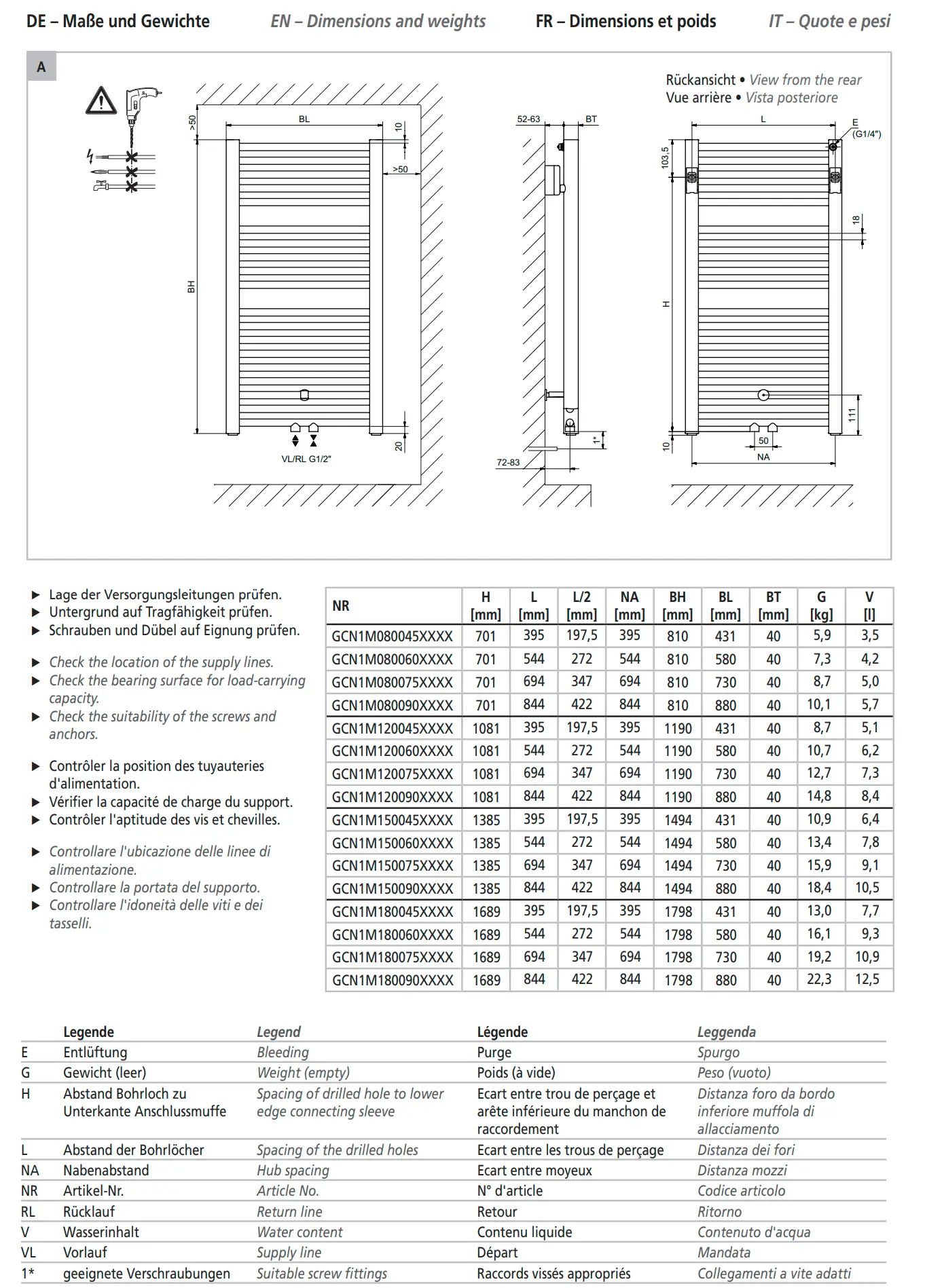 Kermi-Heizkörper mit horizontaler Anordnung, ausgestattet mit seitlichem Anschluss, zeigt technische Details und Abmessungen in Millimetern zur Installation und Montage.