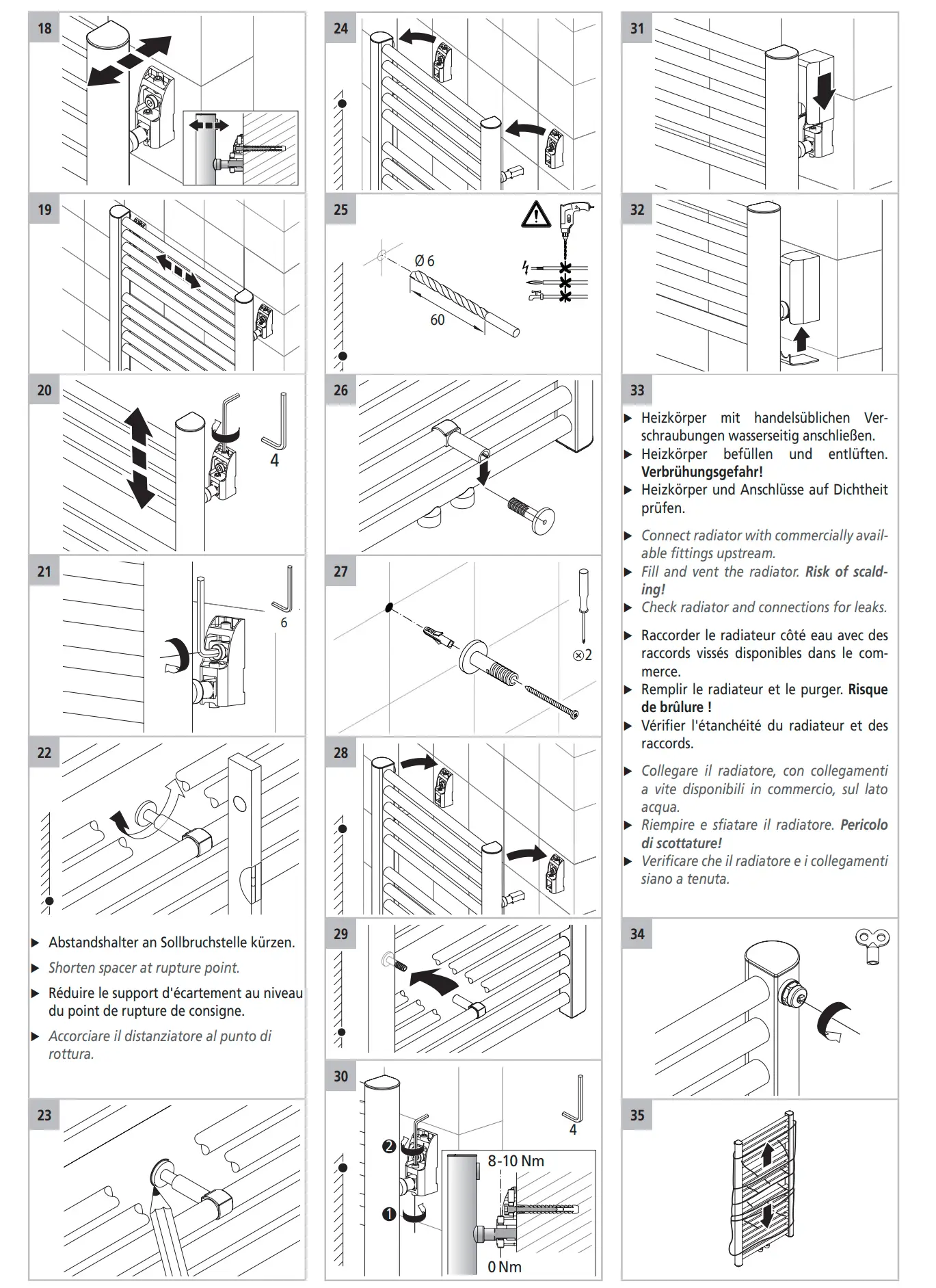 Installationstipps für einen Kermi-Heizkörper. Diagramme zeigen den Anschluss, das Befüllen und Entlüften sowie Sicherheitsmaße. Anweisungen zur Montage und Dichtungskontrolle enthalten.