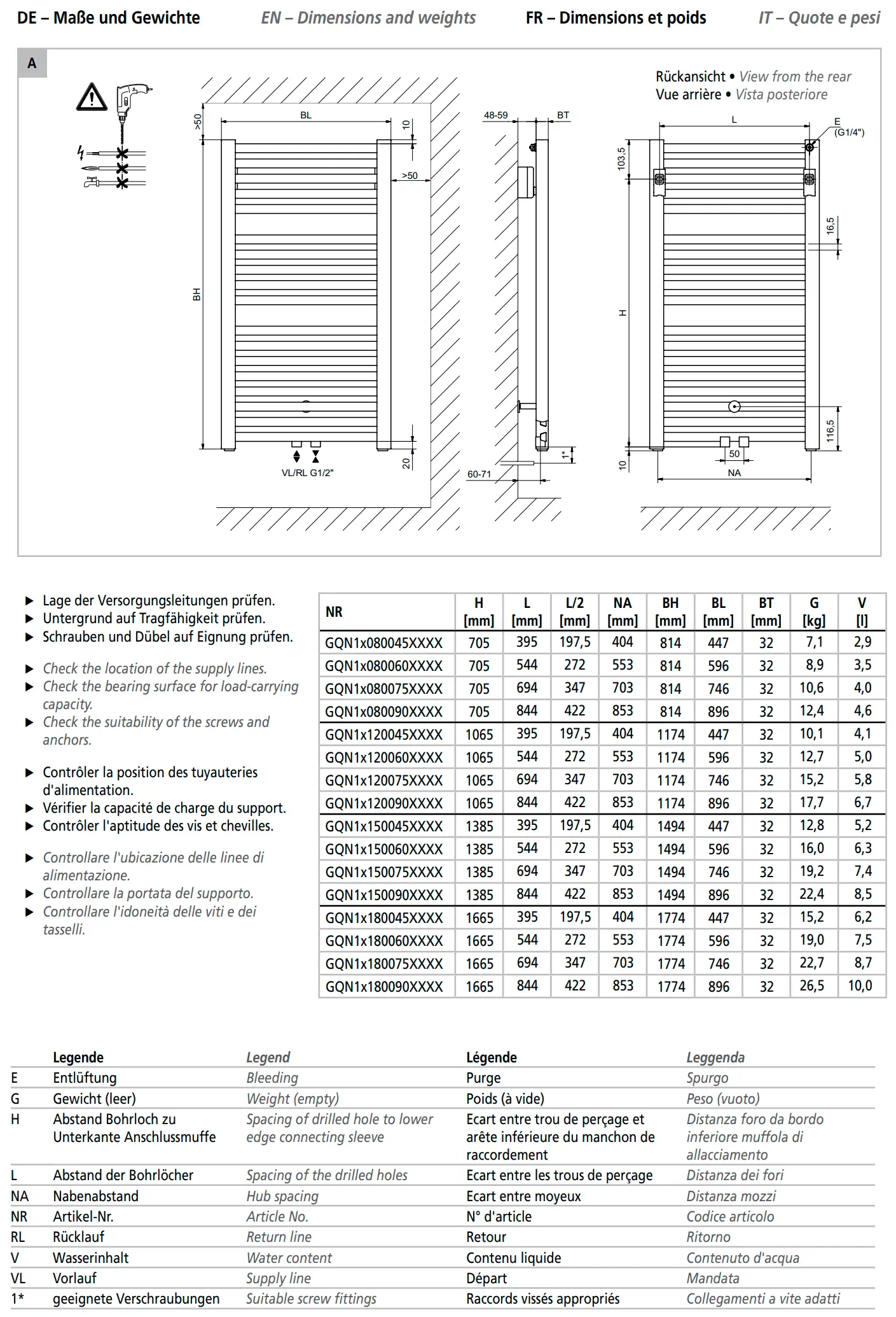 Weißer Kermi-Heizkörper mit horizontalen Längsrippen, mittlerem Anschluss, schematische Darstellung und technischen Angaben zur Montage und Spezifikationen.
