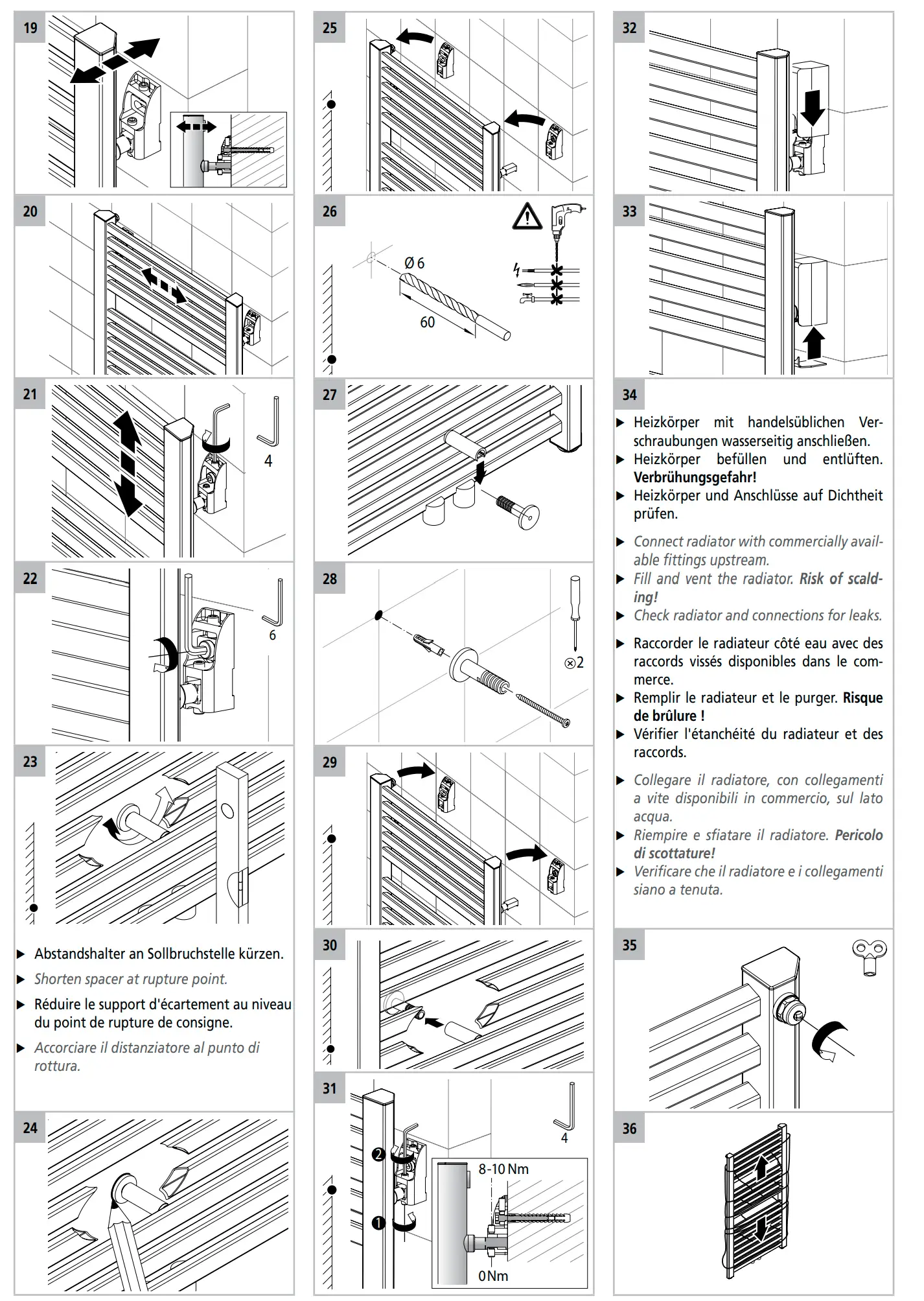 Installationsanleitung für Kermi-Heizkörper mit visuellen Schritten, einschließlich Anschluss, Füllung und Überprüfung auf Dichtheit. Illustrationen zeigen Montageschritte und Sicherheitshinweise.