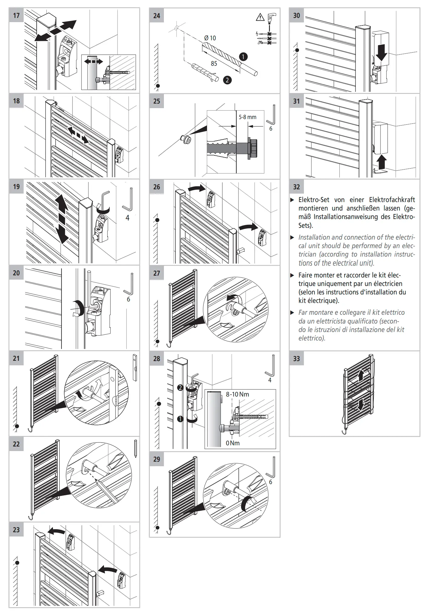 Installationsanleitung für Kermi Geneo quadris-E Badheizkörper. Grafiken zeigen die schrittweise Montage an einer Wand, inklusive Elektroanschluss durch Fachkraft.
