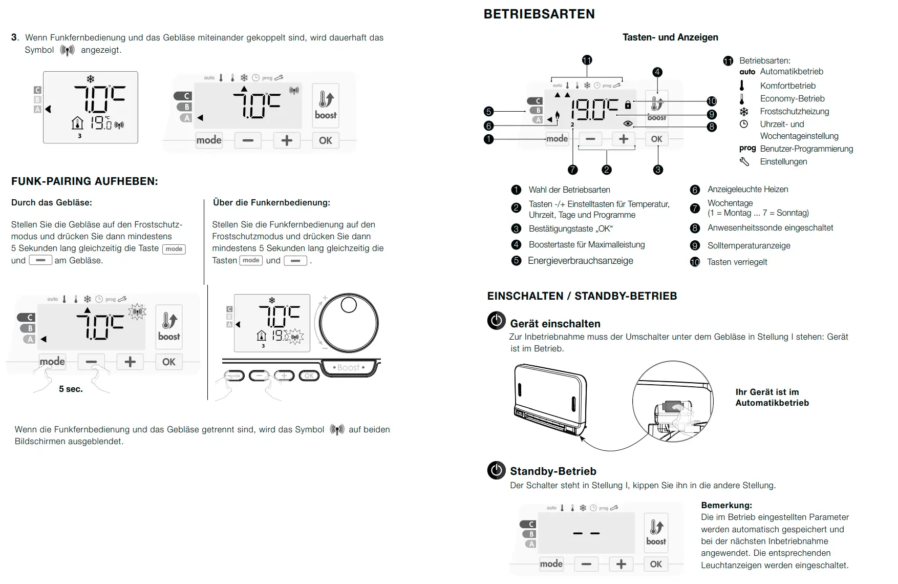 Bedienungsanleitung für einen Kermi-Heizkörper mit Informationen zu Fernbedienung, Betriebseinstellungen, Funk-Pairing und Anzeigefunktionen. Grafiken zur Illustration der Steuerung.