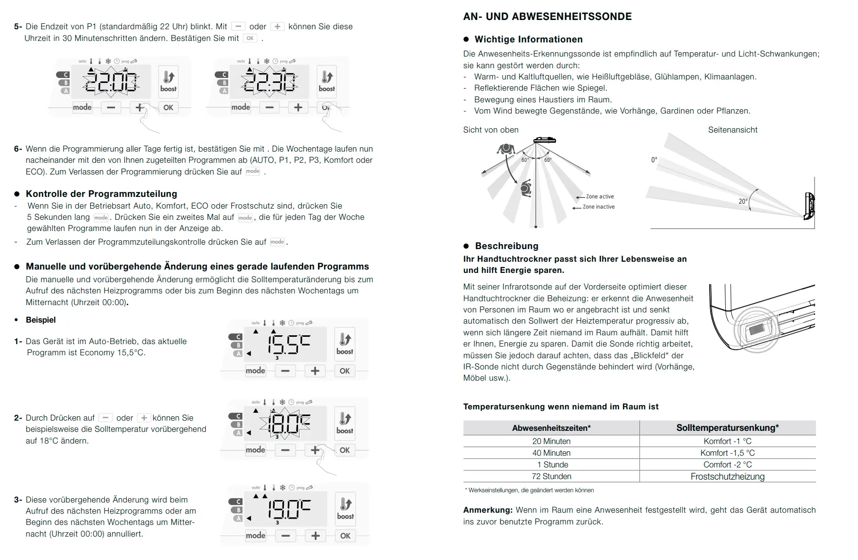 Kermi-Heizkörper mit Bedienfeld und Programmierung zur Temperaturregelung, Abwesenheitssensor und manuellem Programmwechsel. Übersicht mit Anweisungen zur Nutzung.