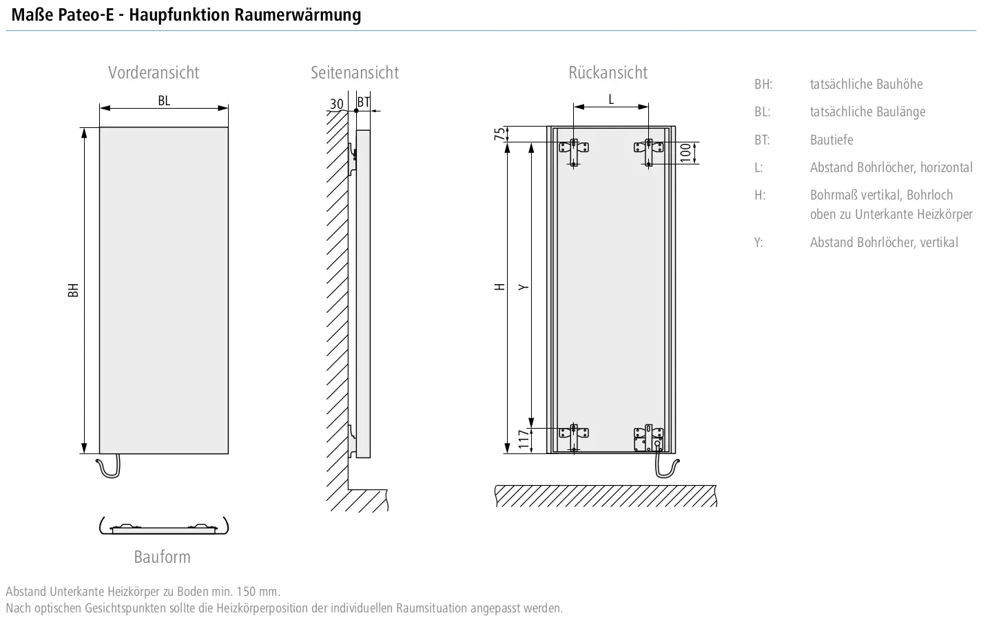 Technische Zeichnung Kermi Pateo E Elektroheizkörper mit Maßangaben.
