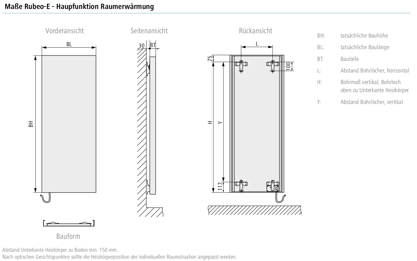 Technische Zeichnung des Kermi Rubeo E Elektroheizkörpers mit Maßangaben zu Höhe (BH), Länge (BL) und Bohrlöchern (L, H, Y).