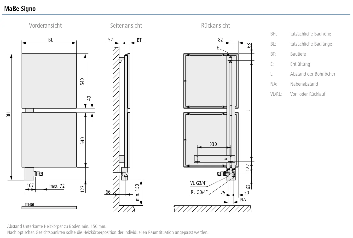 Weißer Kermi-Heizkörper im vertikalen Design, mit Maßzeichnungen und technischen Angaben zu Bauhöhe, Bauhöhe, Bauweise sowie Abstand der Bohrlöcher.