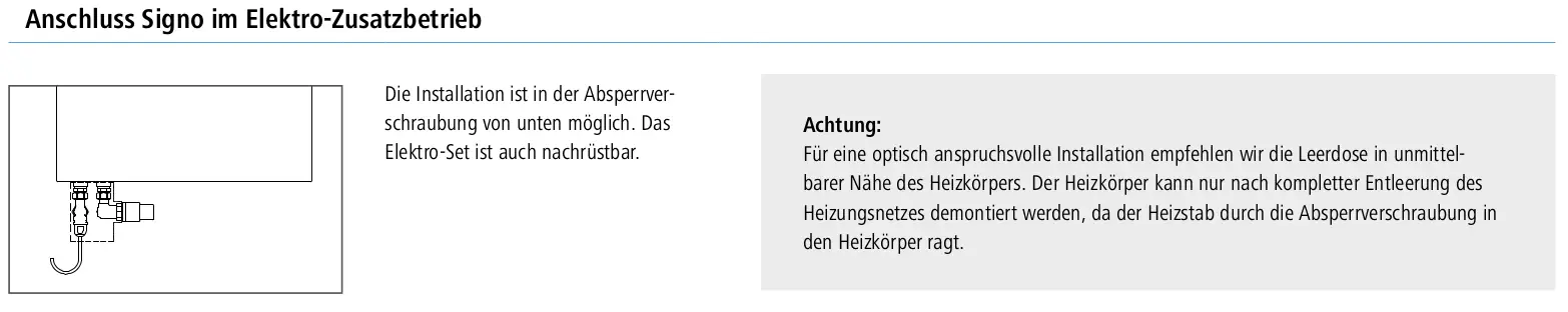 Kermi-Heizkörper, vertikal installiert, mit Anschlüssen im unteren Bereich und einem Elektro-Set, dargestellt in der Nähe einer Wand.