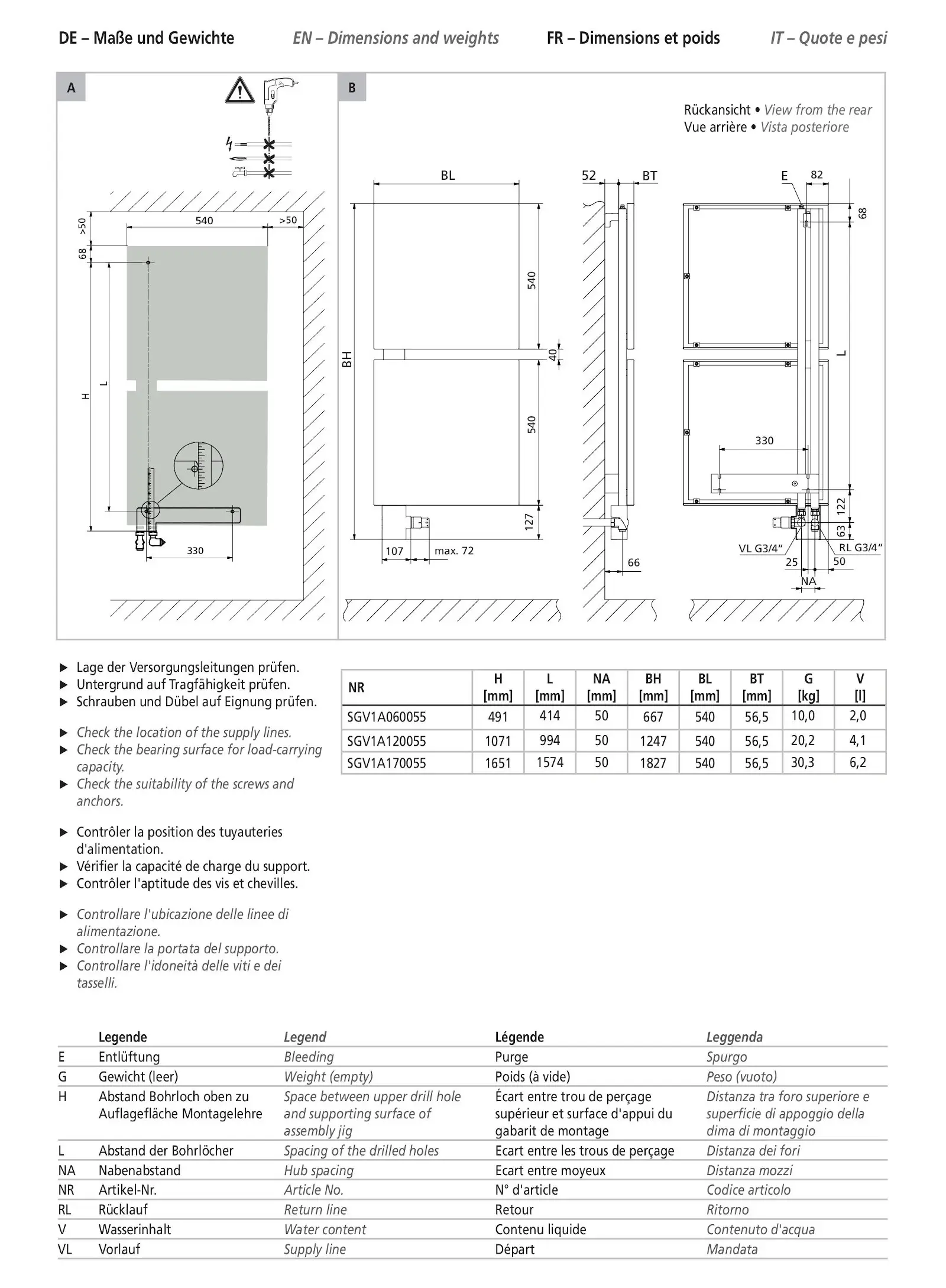 Verticaler Kermi-Heizkörper mit rechteckiger Form, ausgestattet mit mehreren Anschlüssen, platziert an der Wand, Ansicht von der Seite und hinten.