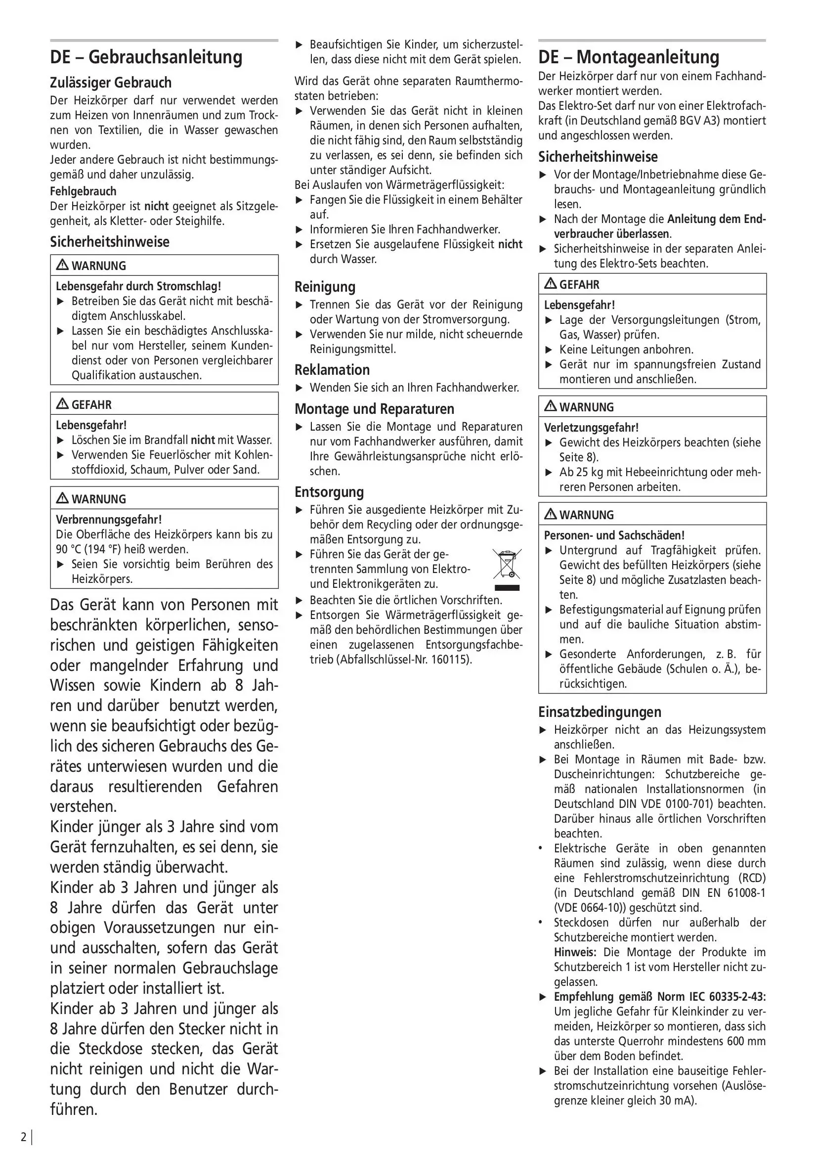 Weißer Kermi-Heizkörper mit Längsrippen, angebracht an einer Wand, umgeben von allgemeinen Sicherheitshinweisen und Montageanleitungen.