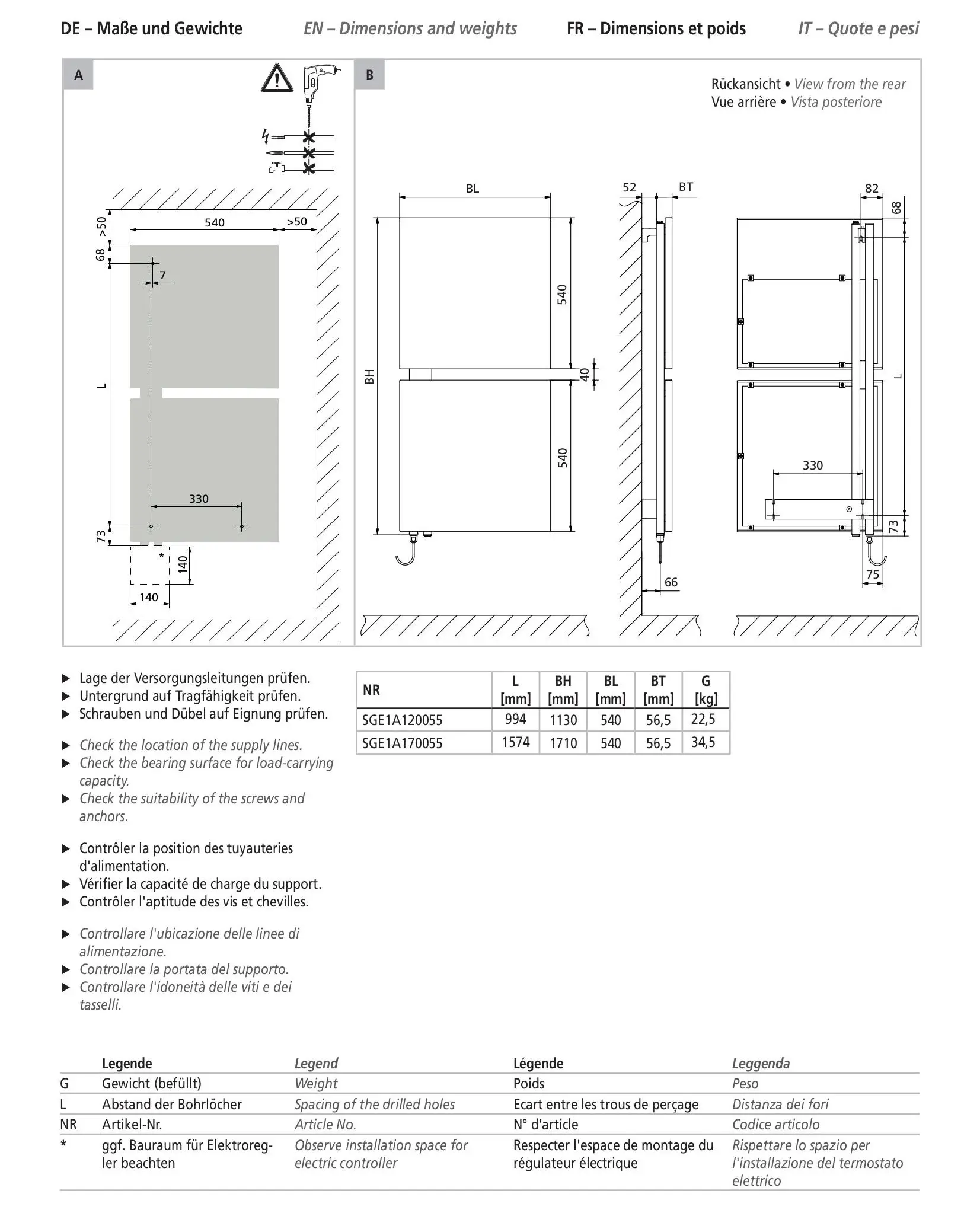 Kermi-Heizkörper mit technischen Zeichnungen zu Dimensionen und Gewichten, inklusive Angaben zu Bohrlöchern und Installation. Leistung von 600 Watt, weißes Design.