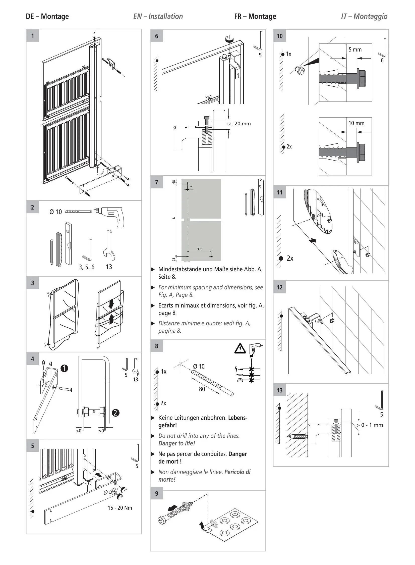 Montageanleitung für einen Kermi-Heizkörper. Schritt-für-Schritt-Diagramme zur Installation mit Hinweisen zu Abständen und Sicherheitsvorkehrungen.