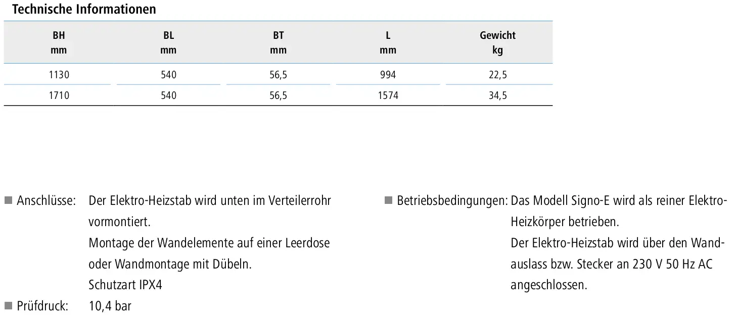 Kermi Elektroheizkörper, vertikal montiert, mit technischen Informationen zu Abmessungen, Anschlüssen und Betriebsbedingungen in klarem Layout auf hellem Hintergrund.