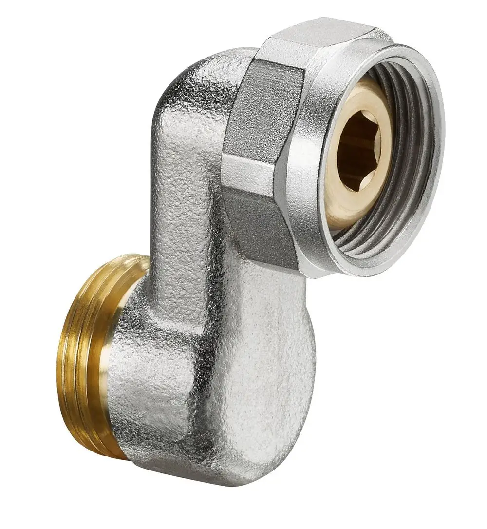 S-Anschlussverschraubung aus vernickeltem Messing mit einem gewundenen Design, hergestellt von Oventrop, zur Verbindung von Rohrleitungen in Sanitärinstallationen.