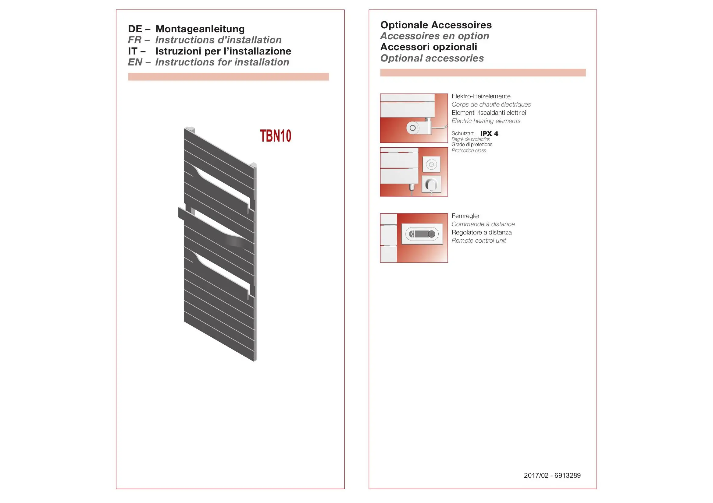 Kermi-Heizkörper mit horizontalen Lamellen, in einem modernen Design, montiert an einer Wand. Zubehör und Installationsanleitung sind abgebildet.