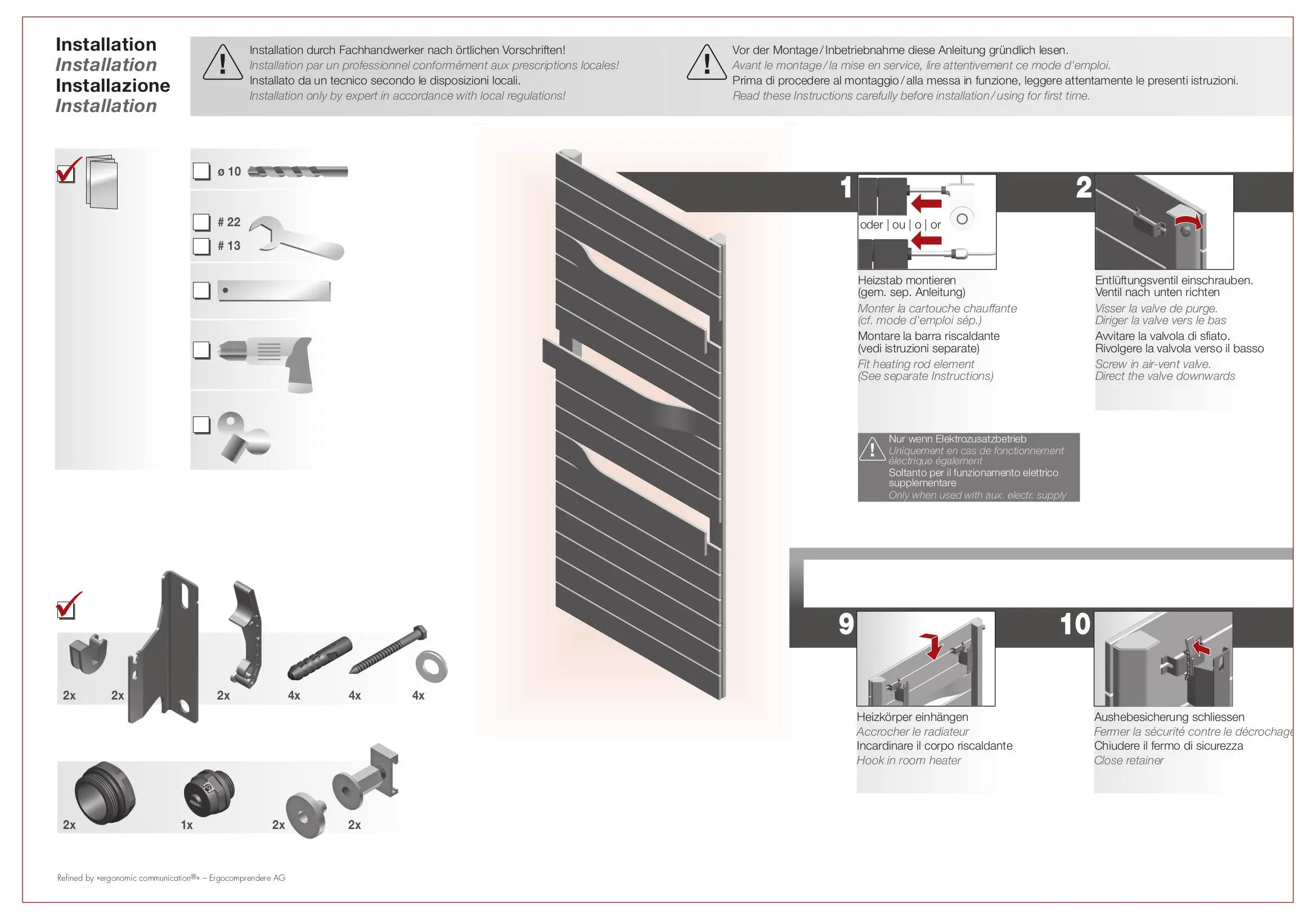 Montageanleitung für Kermi-Heizkörper mit Grafiken und Symbolen zur Installation, einschließlich benötigtem Werkzeug und Montageschritten.