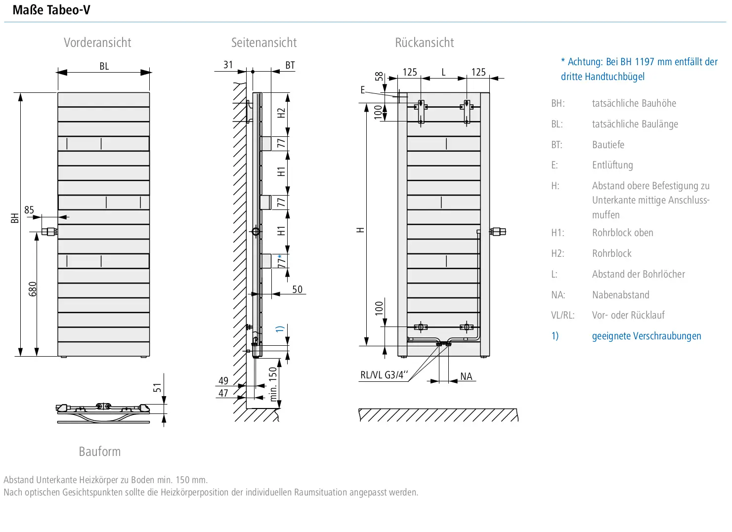 Kermi-Heizkörper, vertikal montiert, mit Längsrippen und gezeichneten Maßen zur Planung, vor neutraler Wand. Technische Details in diagrammartiger Darstellung.