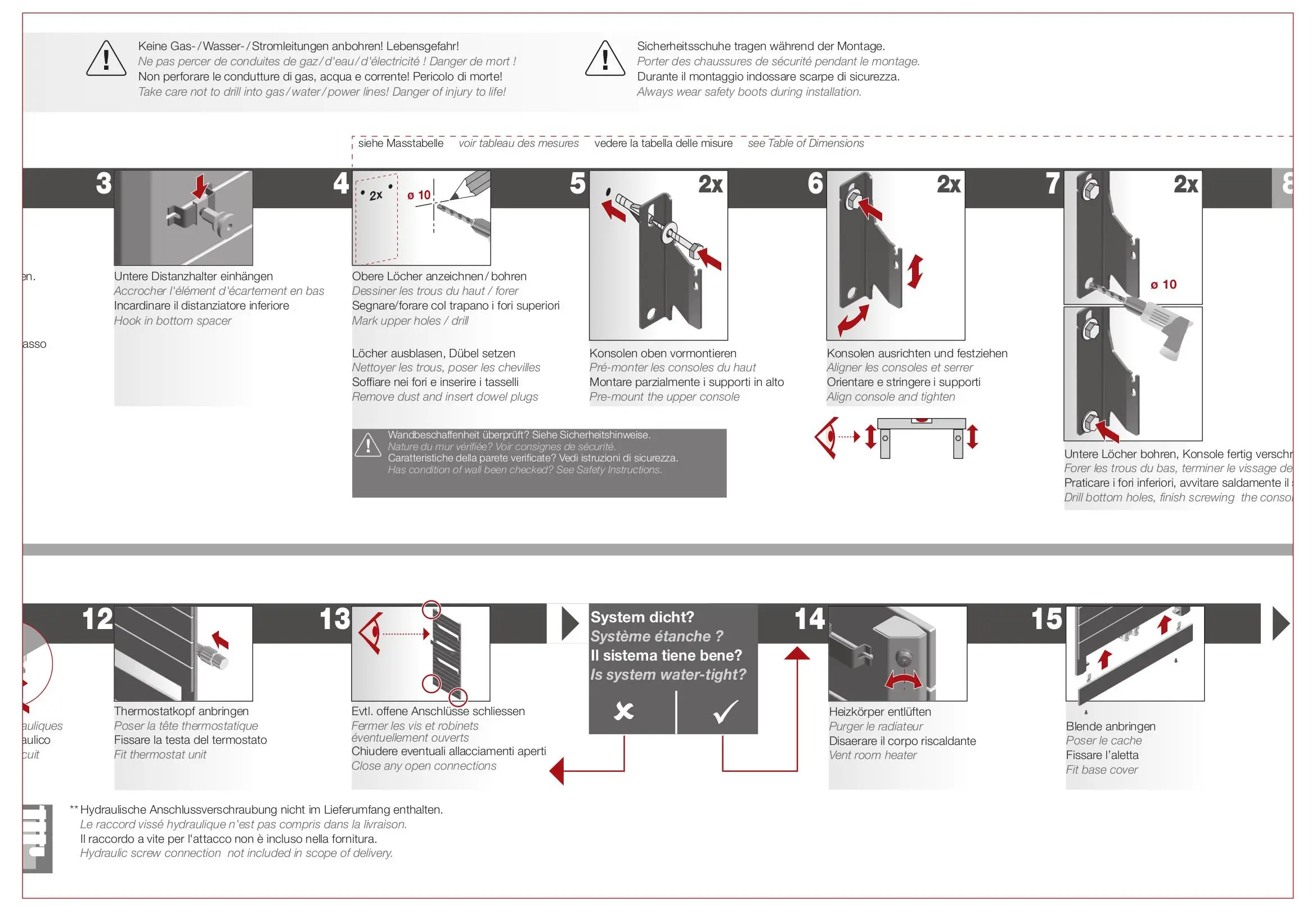 Montageanleitung für einen Kermi-Heizkörper. Schritt-für-Schritt-Anweisungen mit Illustrationen zum Einhängen, Bohren und Sichern der Konsole. Sicherheitshinweise sind ebenfalls vorhanden.