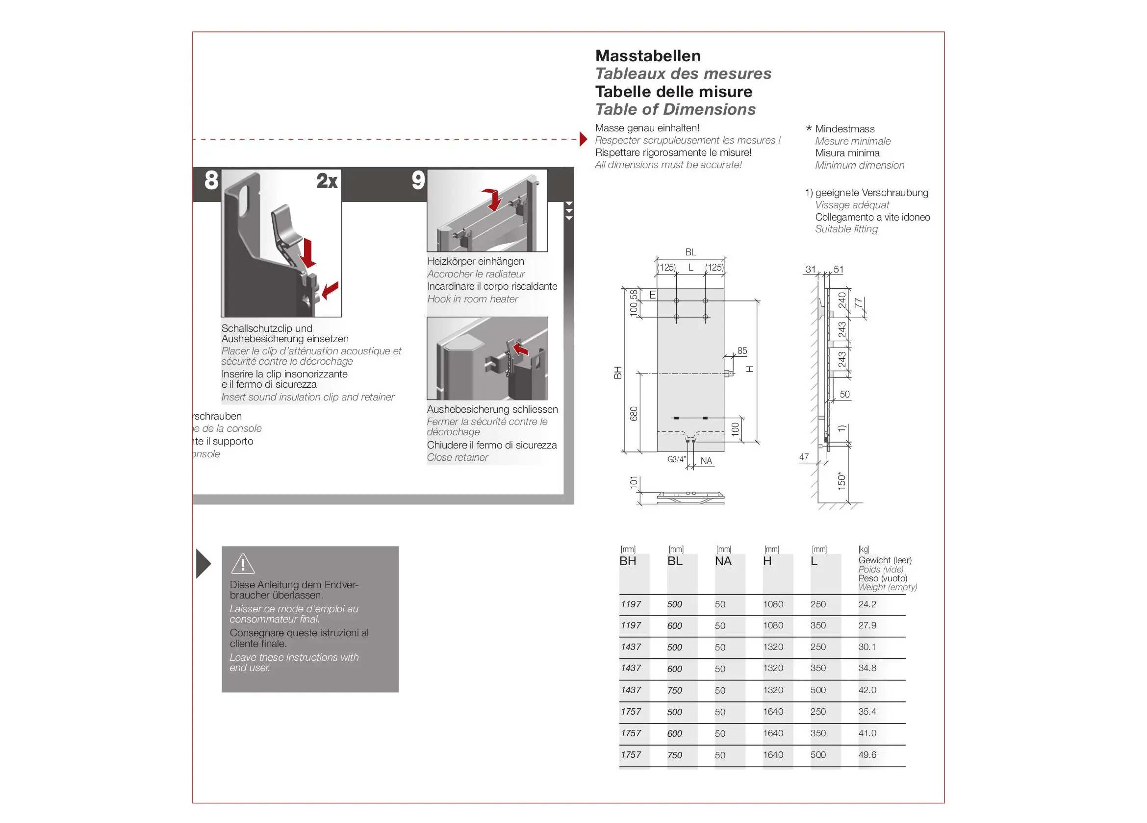 Montageanleitung für einen Kermi-Heizkörper mit Clip- und Sicherheitsmechanismus sowie Maßtabelle für verschiedene Größen. technische Details und Zeichnungen sind enthalten.