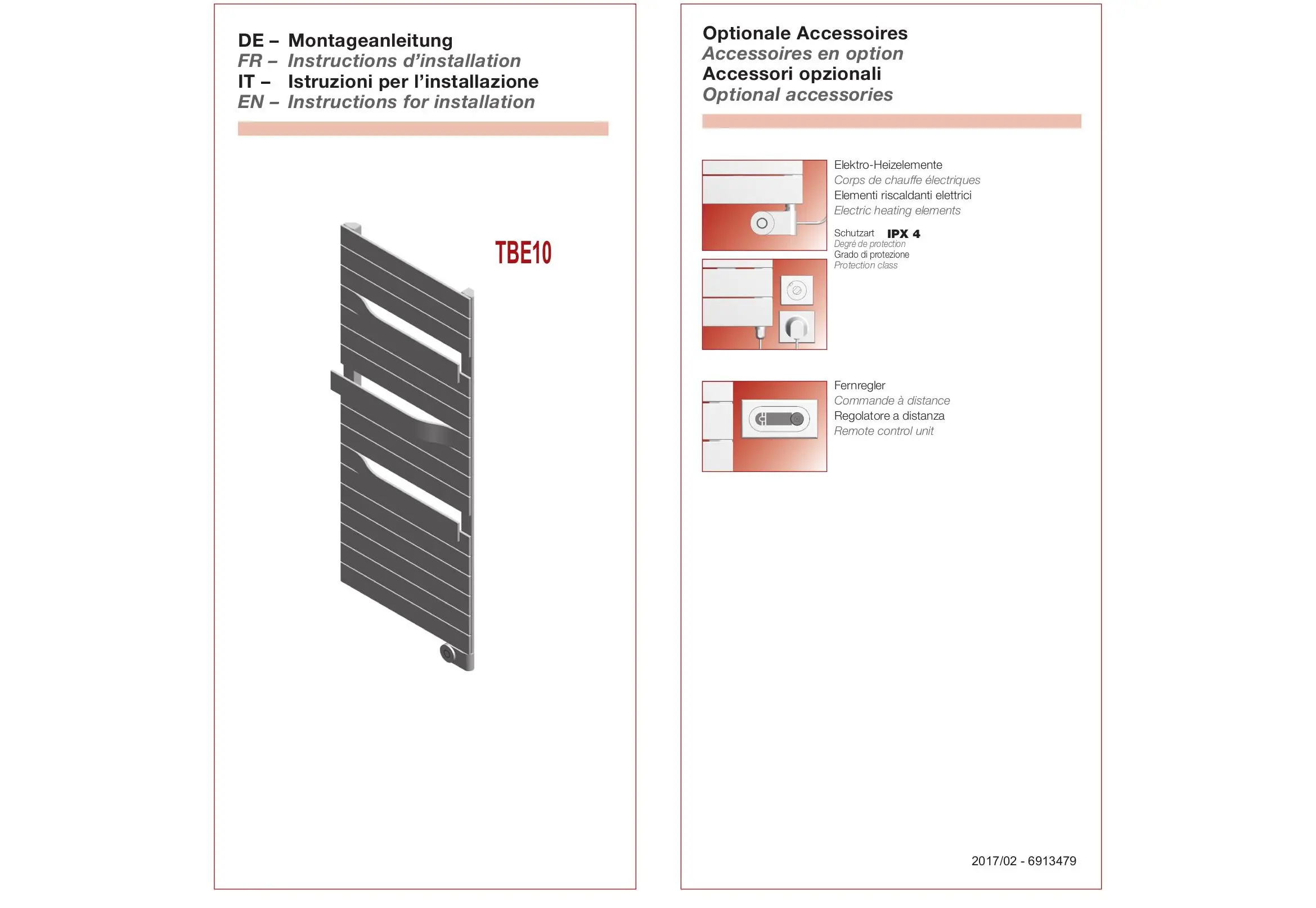 Montageanleitung für Kermi Tabeo-E Bad- und Wohnheizkörper. Optionales Zubehör wie Elektro-Heizelemente und Fernregler sind abgebildet.