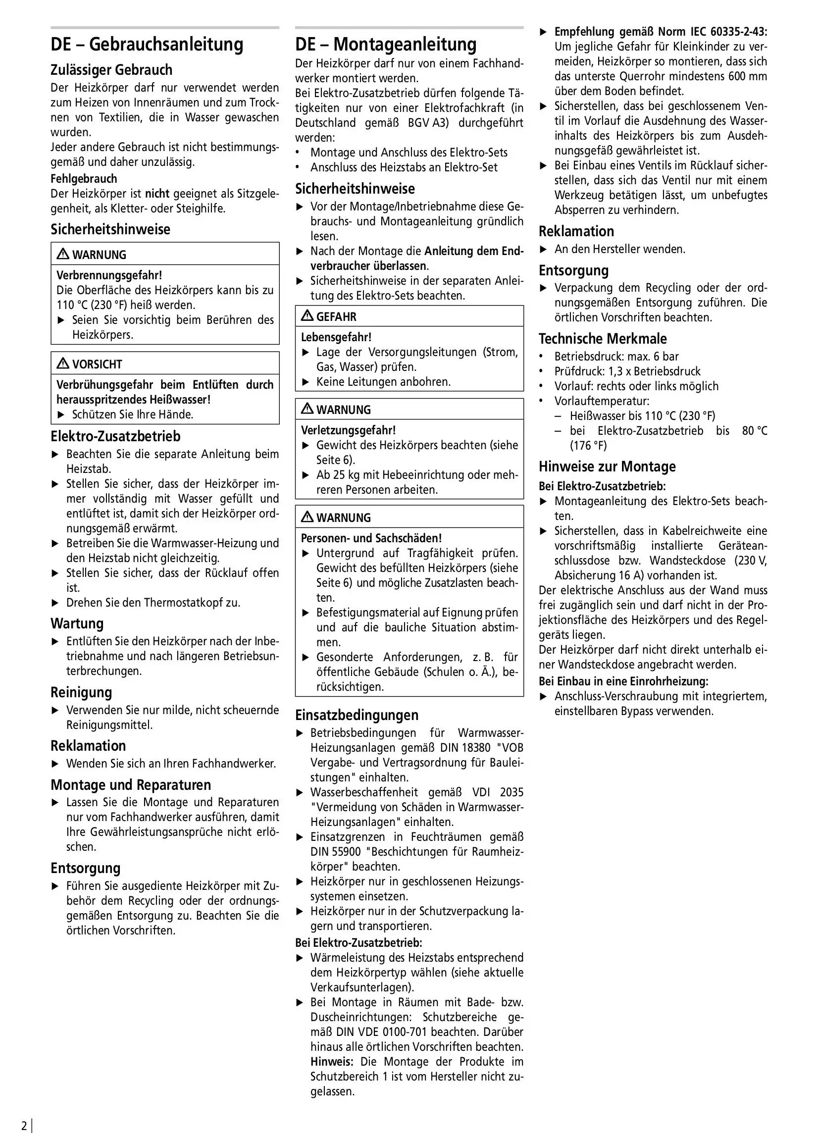 Kermi-Heizkörper, vertikal montiert, mit Längsrippen und zentralem Anschlusspunkt, vor neutralem Hintergrund, in Anleitung zu Montage und Sicherheitshinweisen.