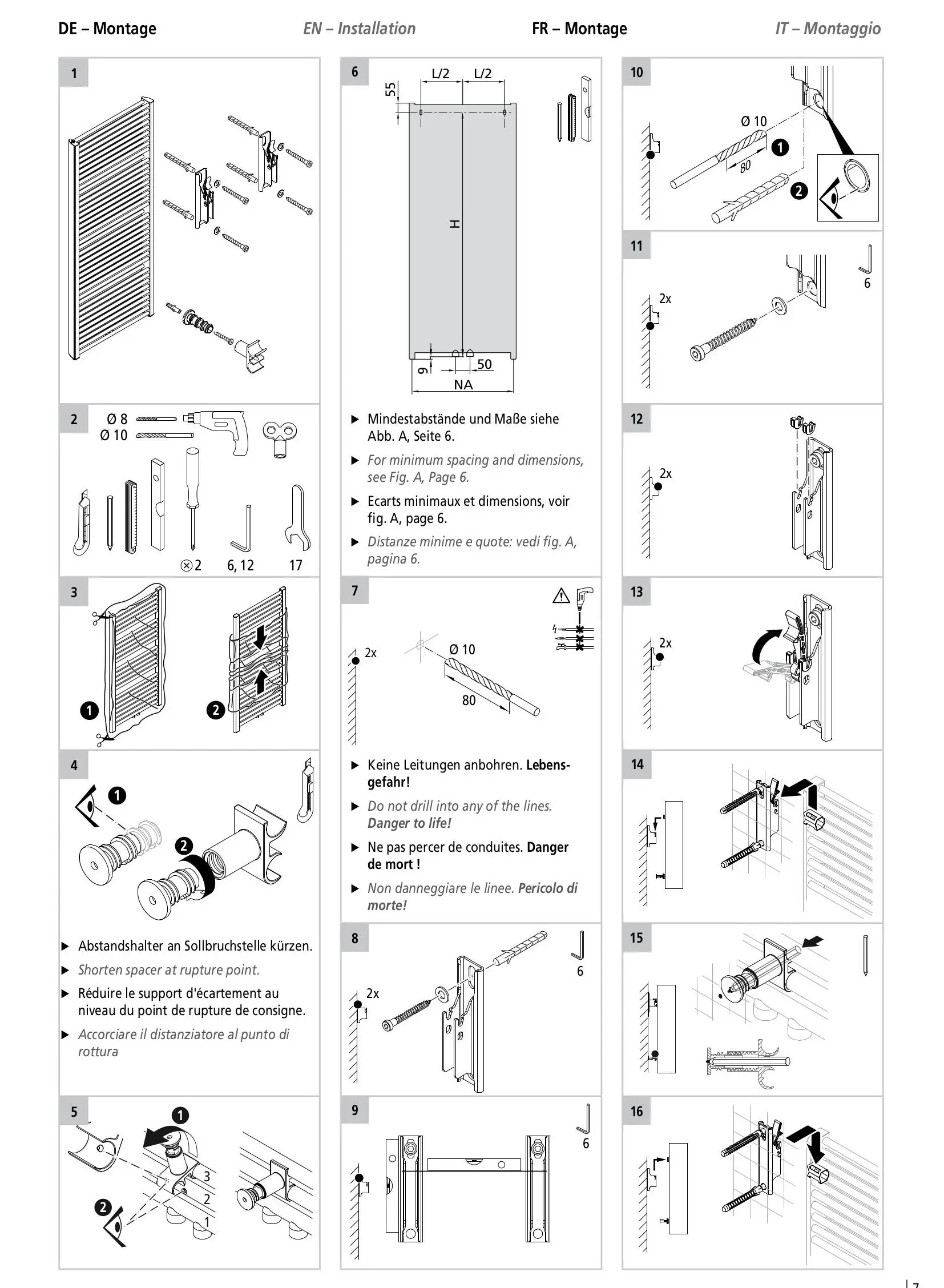 Montageanleitung für einen Kermi-Heizkörper mit Detailzeichnungen zu Installation und Sicherheitsanweisungen, dargestellt in vier Sprachen (Deutsch, Englisch, Französisch, Italienisch).