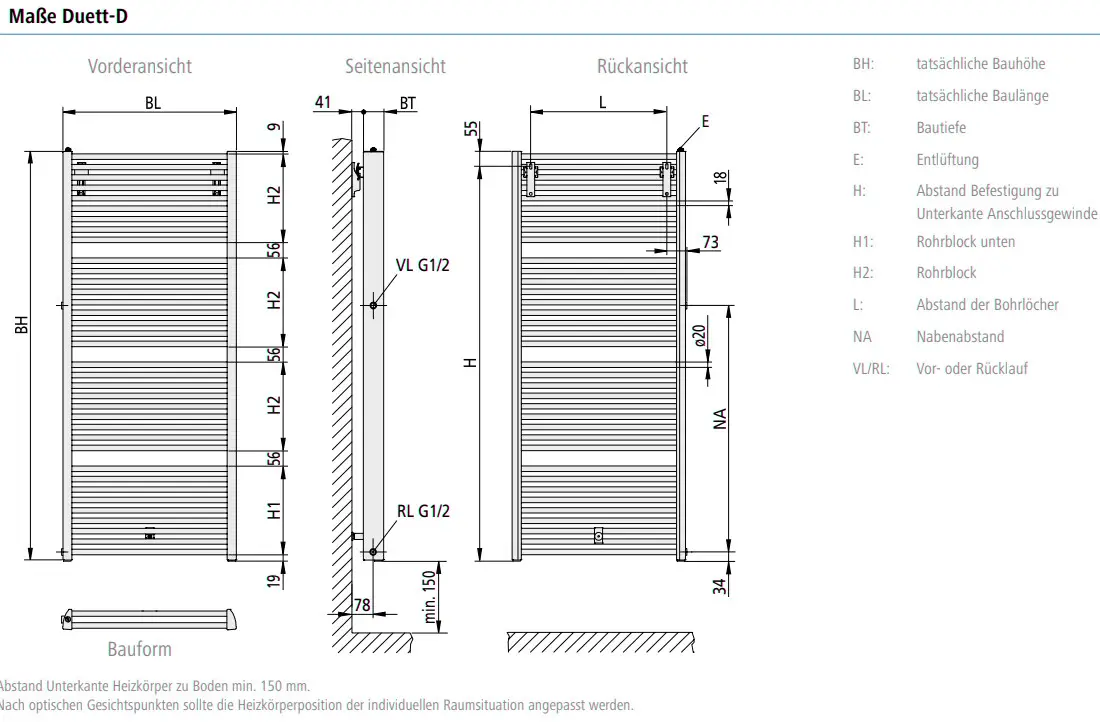 Kermi-Heizkörper mit horizontalen Lamellen, dargestellt in verschiedenen Ansichten und Maßangaben, zur Installation in Badezimmern oder ähnlichen Räumen.