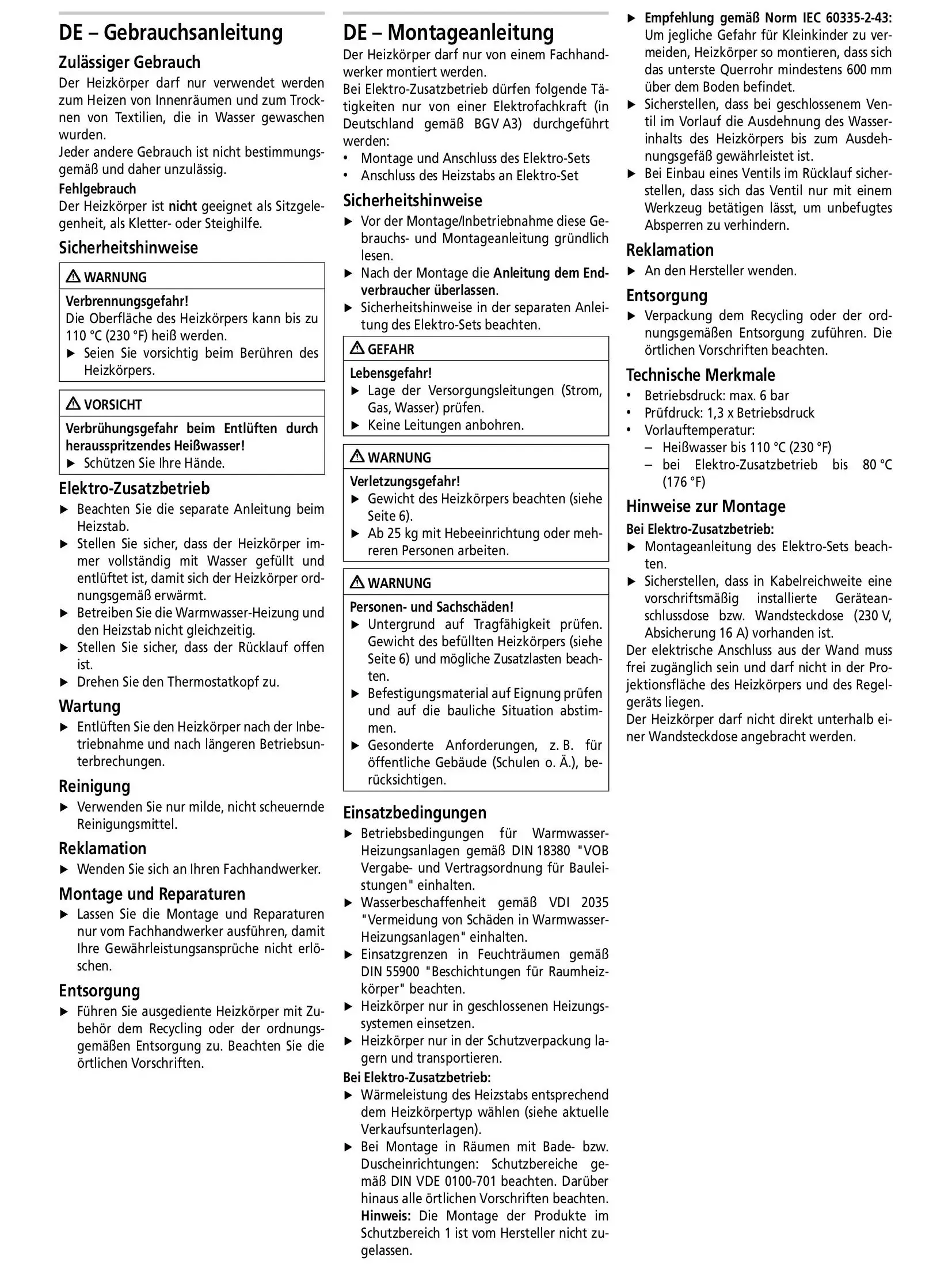 Kermi-Heizkörper, horizontal montiert, mit Anschluss auf der linken Seite, umfassender Gebrauchsanweisung, Montageanleitung und Sicherheitshinweisen auf Deutsch.