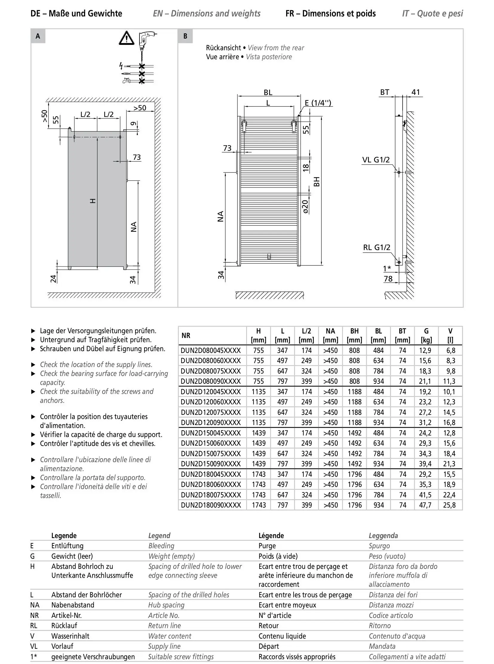 Kermi-Heizkörper mit vertikaler Anordnung und Längsrippen. Technische Zeichnung mit Abmessungen und montagemäßigen Hinweisen. Schaubild zeigt Anschlussdetails und Positionierung.