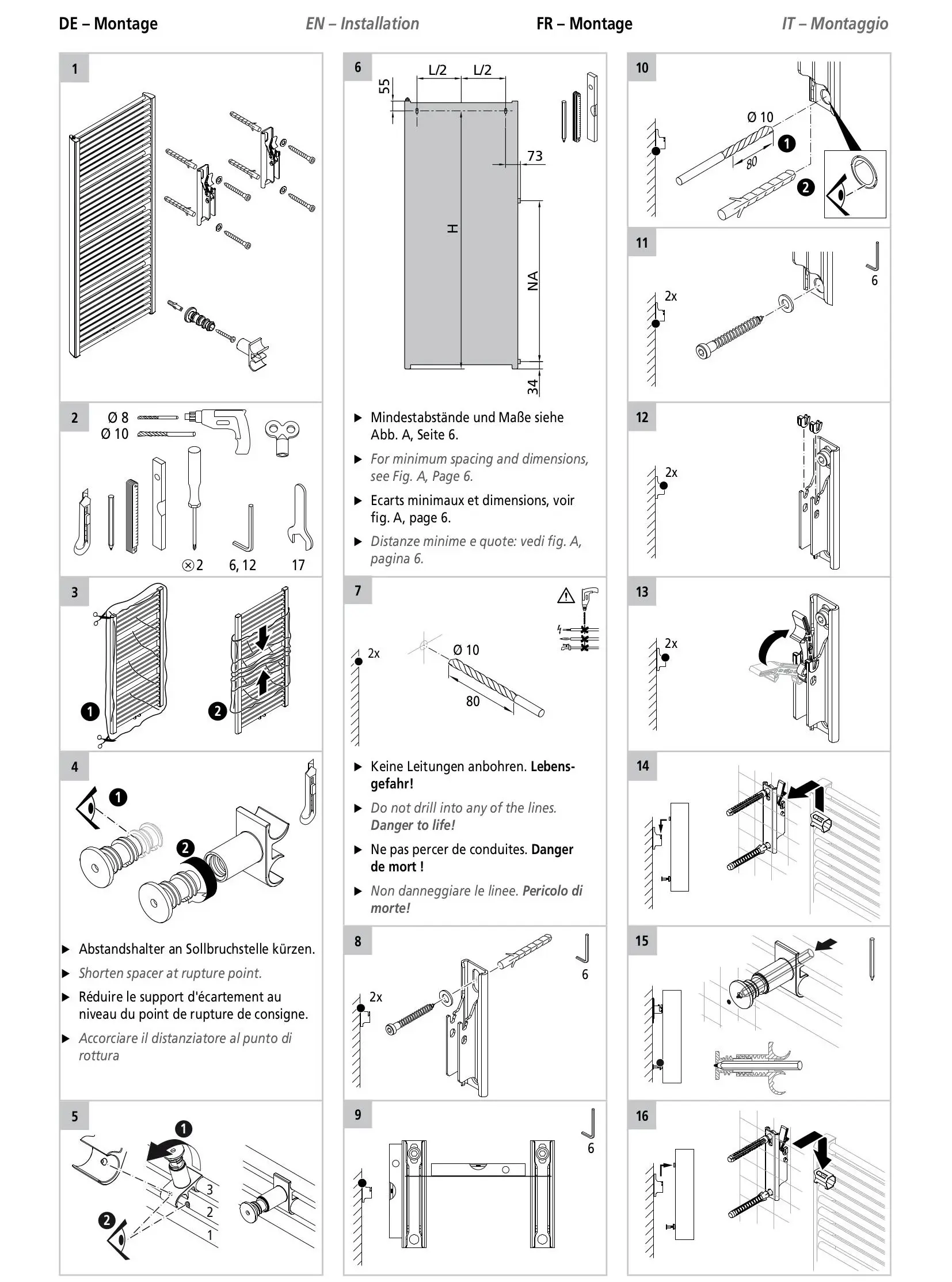 Montageanleitung für einen Kermi-Heizkörper mit Schritt-für-Schritt-Illustrationen. Enthält Informationen zu Abmessungen, Abstandhalter und wichtige Sicherheitshinweise.
