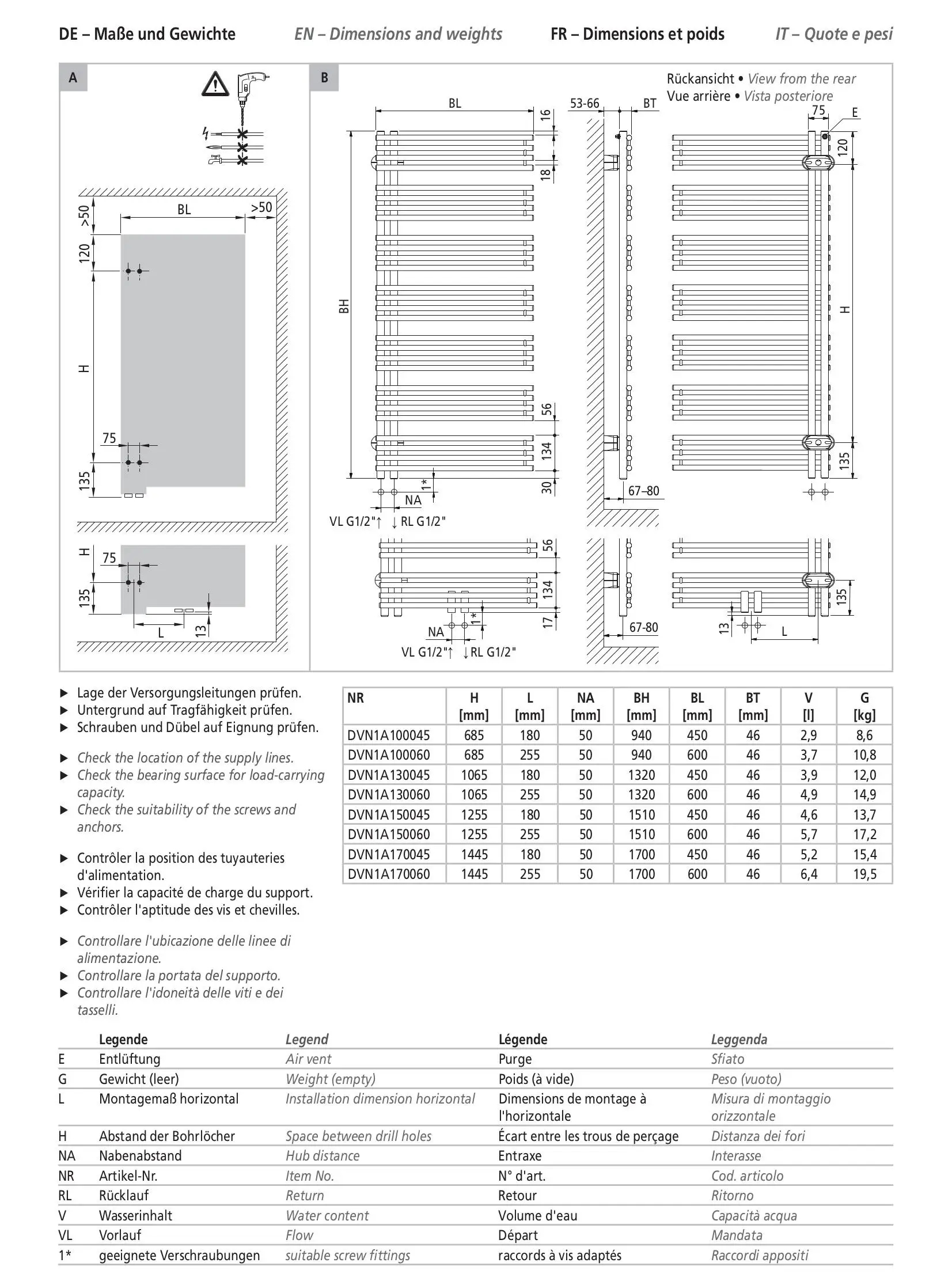 Kermi-Heizkörper mit horizontalen Rippen, Abmessungen und technische Details wie Anschlussmöglichkeiten sind dargestellt. Montagedimensionen sind in mm angegeben.
