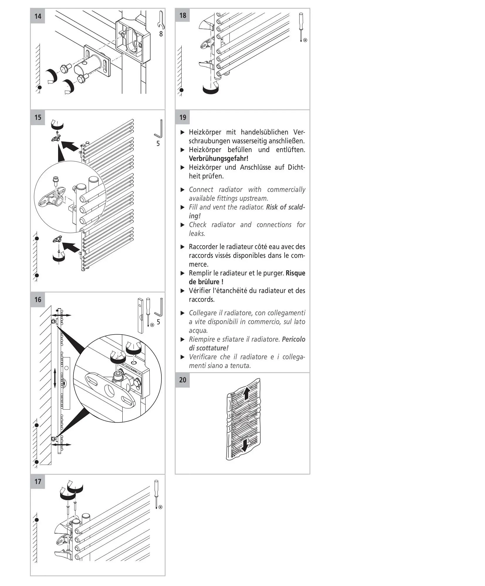 Installation eines Kermi-Heizkörpers mit schematischen Anschlussanweisungen, inklusive Warnhinweisen zum Befüllen und Entlüften, dargestellt in mehreren Illustrationen.