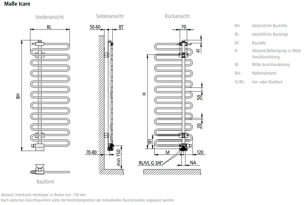 Kermi-Heizkörper mit gewelltem Design, seitliche und rückwärtige Ansichten, Maße und Anschlussdetails im technischen Diagramm dargestellt.