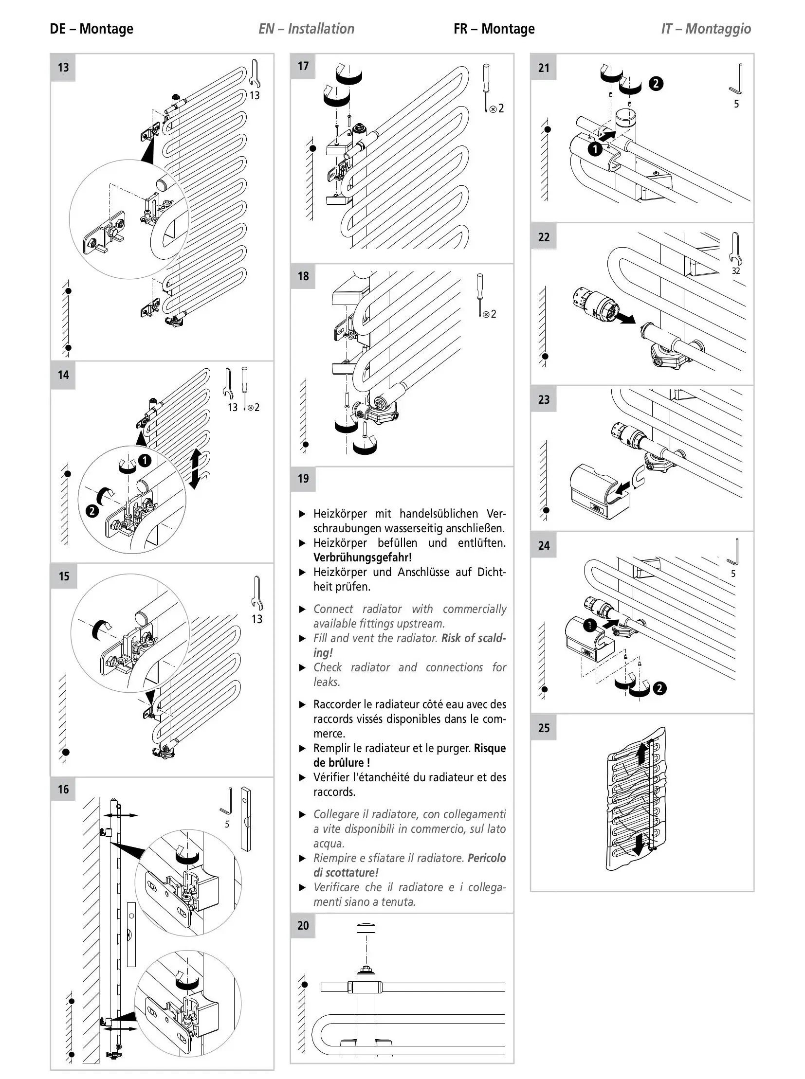 Kermi-Heizkörper mit seitlichen Anschlussmöglichkeiten, Darstellung der Installationsschritte in mehreren Sprachen, inklusive Sicherheits- und Prüfanweisungen.