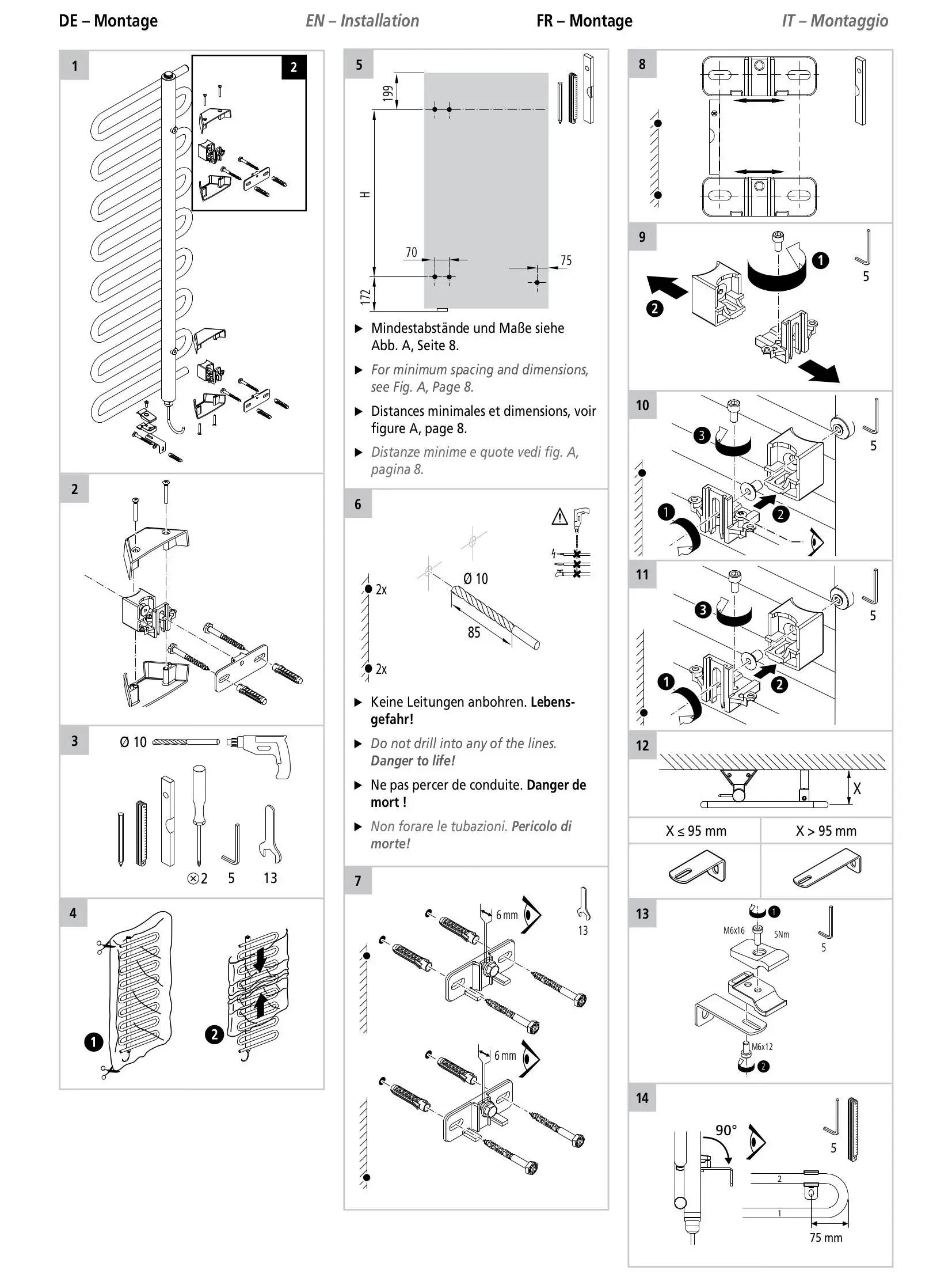 Installationsanleitung für einen Kermi Bad- und Wohnheizkörper Icaro-E. Diagramme zeigen Montageschritte, erforderliche Werkzeuge und Abmessungen. Sicherheitshinweise sind enthalten.