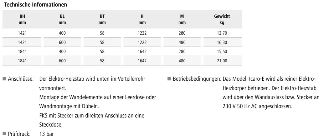 Technische Informationen zum Kermi Bad- und Wohnheizkörper Icaro-E: Abmessungen, Gewicht und Anschlußbedingungen.