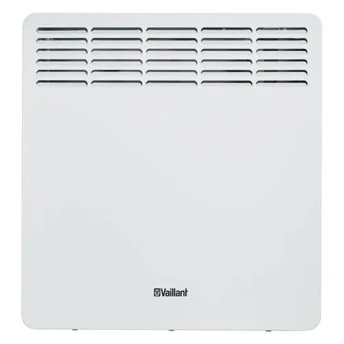 Weißer Elektroheizer mit Lüftungsschlitzen und dem Logo von Vaillant. Kompakt und modern im Design, geeignet für Wandmontage.