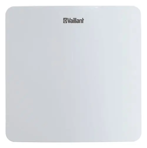 Weiße Wohnraumlueftungseinheit mit dem Logo von Vaillant, schlichtes Design, rechteckige Form, für die Installation in Wohnräumen.