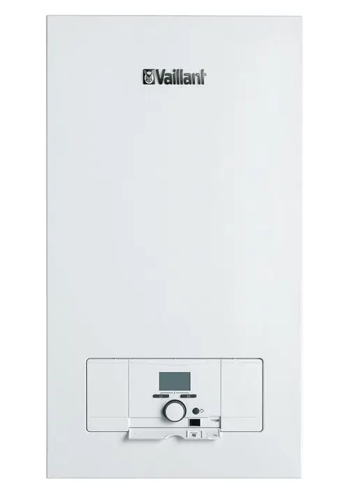 Weißer Vaillant Elektrowassererhitzer mit digitalem Display und Steuerknopf im unteren Bereich.