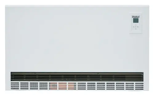 Weißes Wandgerät zur Elektroheizung mit digitalem Thermostat und Lüftungsschlitzen. Designed für effiziente Raumheizung.