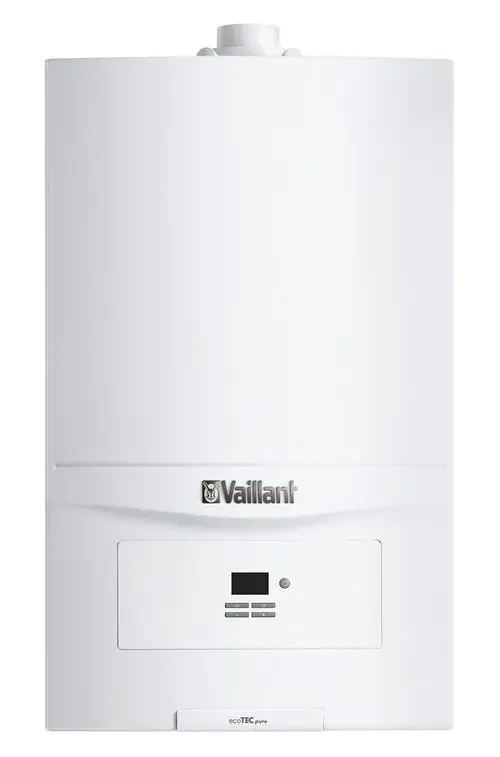 Weißer Gasheizkessel von Vaillant mit Bedienfeld und digitaler Anzeige an der Vorderseite.