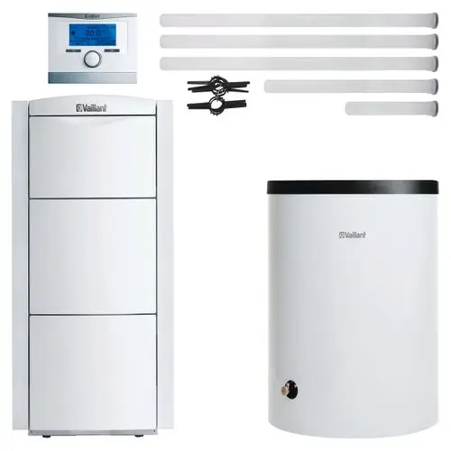 Vaillant Gasheizungssystem mit einem Wärmeerzeuger, einem Speicher und Zubehoerteilen wie Rohren und einer Steuerungseinheit.