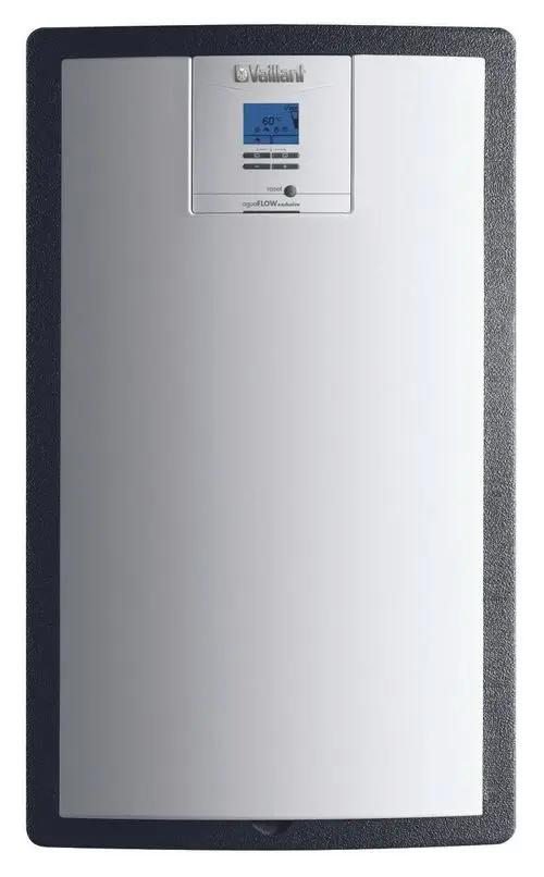 Vaillant Solarsystem mit digitalem Display und Steuerelementen zur Temperatureinstellung, in einem modernen, grafischen Gehäuse.